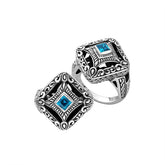 Balinese silver cushion shape ring with Blue Topaz Quartz centerpiece
